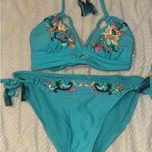 Teal Floral Embroidered Bikini Set